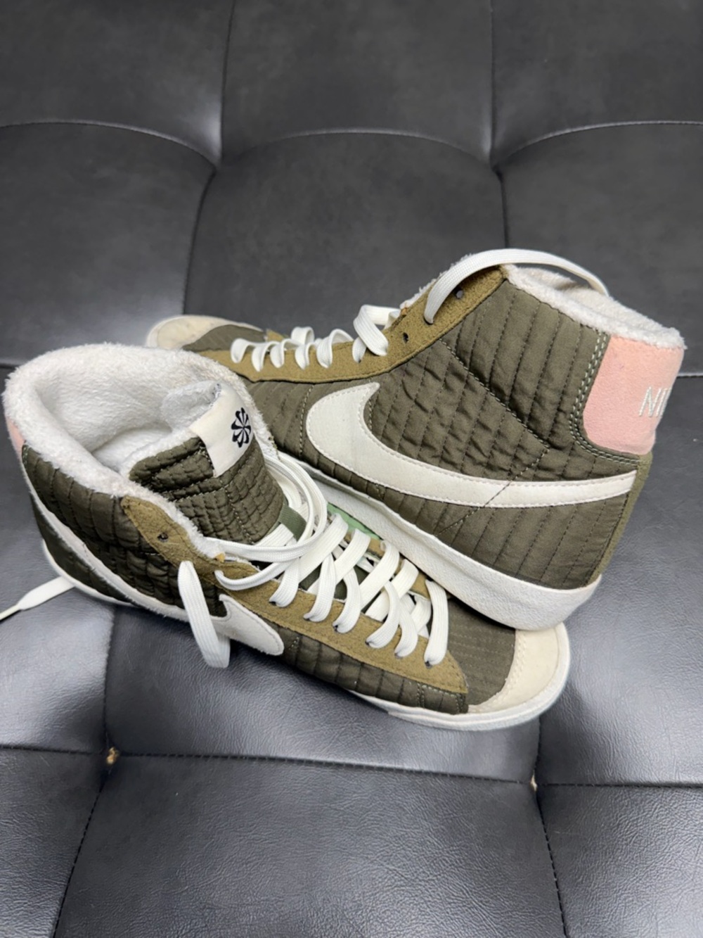Nike Womens (8) Olive Green High-Top Sneakers with Pink Heel